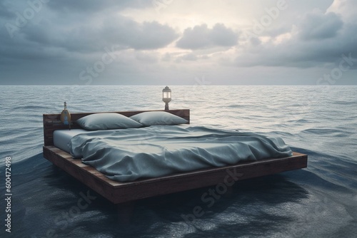 Bed on calm ocean surface in cloudy weather, open air bedroom, imaginative 3D illustration. Generative AI