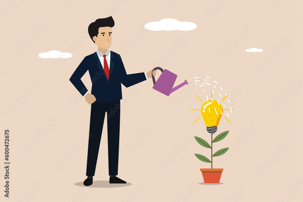 Businessman watering idea plant. Illustration of a businessman who takes good care of plants and after growing he gets what he planted.