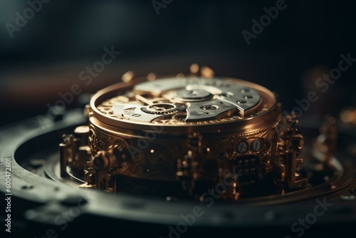 A clockwork watch mechanism with intricate gears and cogs. Crafted with precision. Generative AI