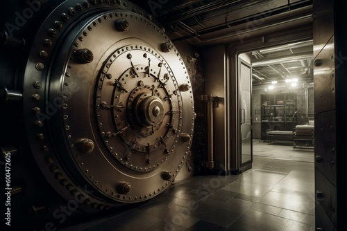 Secure bank vault door located in storage area. Generative AI photo