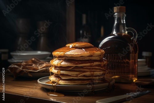 A stack of pancakes drizzled with maple syrup. Generative AI