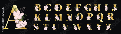 Golden floral alphabet font uppercase letters with flowers leaves gold splatters