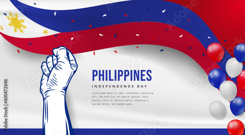 Banner illustration of Philippines independence day celebration with text space. Waving flag and hands clenched. Vector illustration.
