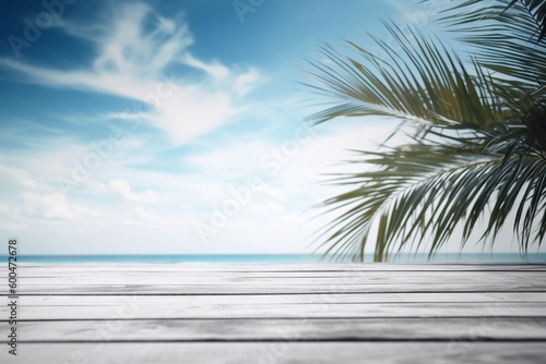 Wooden Table Top with Summer Beach Background Created with Generative AI