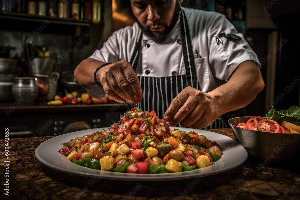 Coastal Flavors. Indulge in the exquisite taste of Costa Rican ceviche, skillfully presented by a talented chef. AI Generative - obrazy, fototapety, plakaty 