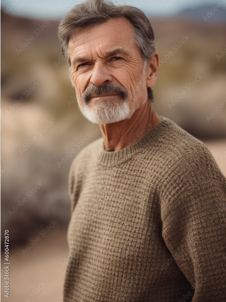 Portrait of a senior man with grey hair and beard in the desert Portrait of a senior man with grey hair and beard in the desert