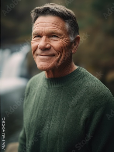 Portrait of a smiling senior man standing in front of a waterfall