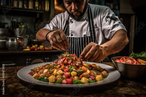 Coastal Flavors. Indulge in the exquisite taste of Costa Rican ceviche, skillfully presented by a talented chef. AI Generative photo