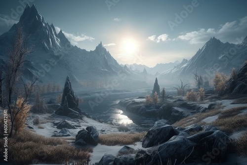 Epic winter landscape with mountains, forest, glacier, and mystical valley - perfect for gaming and book covers. Generative AI