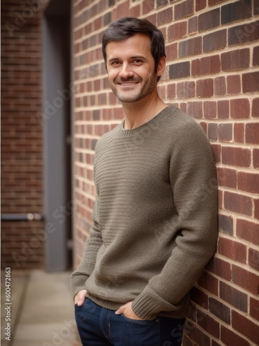 Portrait of a handsome young man in a casual sweater standing by a brick wall