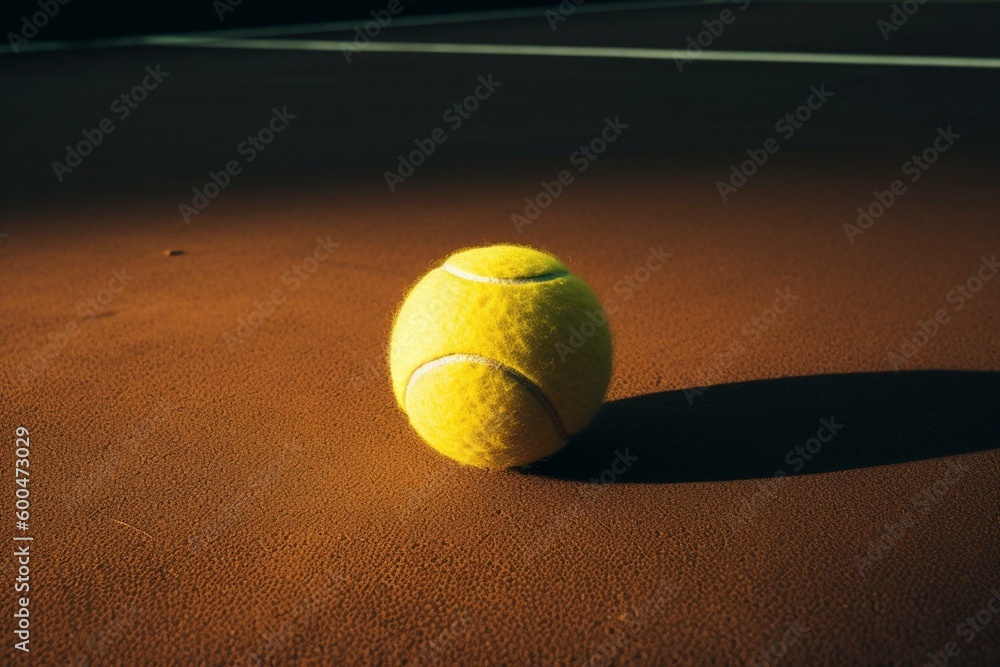 Yellow tennis ball on racket, played on ground court. Generative AI