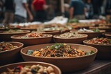 Outdoor street food festival selling vegetable salads in kraft paper plates at local market, with shallow depth of field. Generative AI