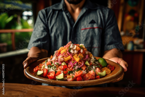 Coastal Flavors. Indulge in the exquisite taste of Costa Rican ceviche, skillfully presented by a talented chef. AI Generative