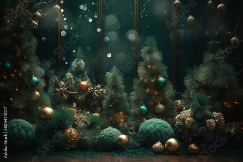 An uninterrupted festive backdrop featuring ornamental Christmas trees. Generative AI