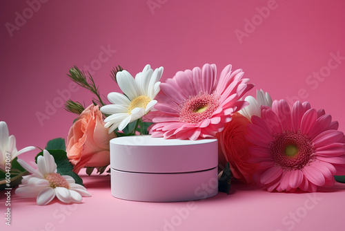 Wallpaper Mural Skin care concept with hand cream in jar on pink background and flower decoration Torontodigital.ca