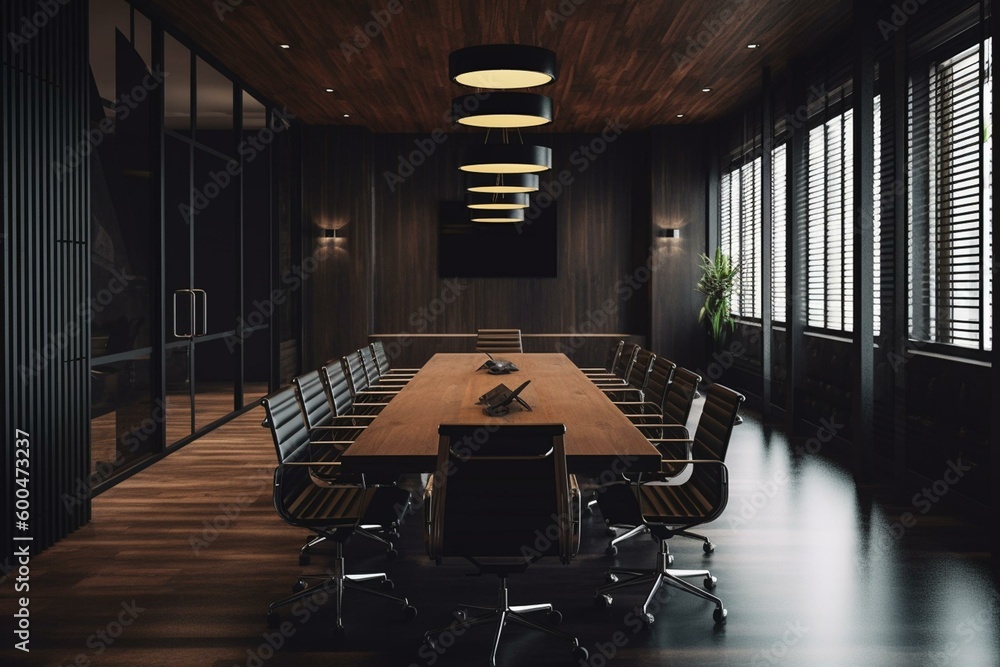 A modern conference room with dark table, wooden walls, and light background. Rendered in 3D. Generative AI