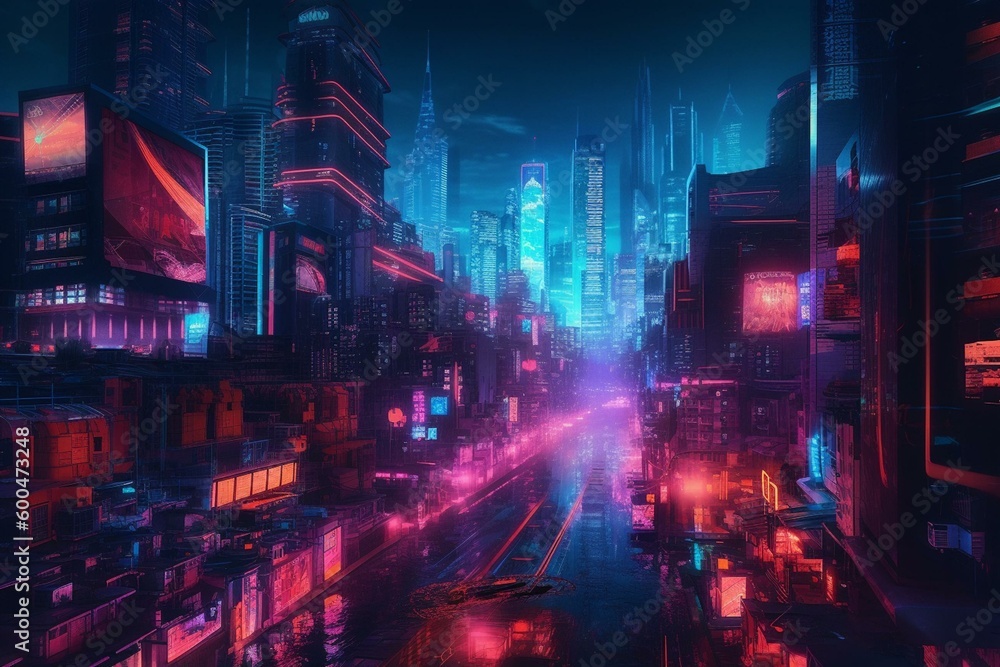 Futuristic cityscape lit by blue and pink neon lights. Advanced architecture in a nocturnal setting. Generative AI