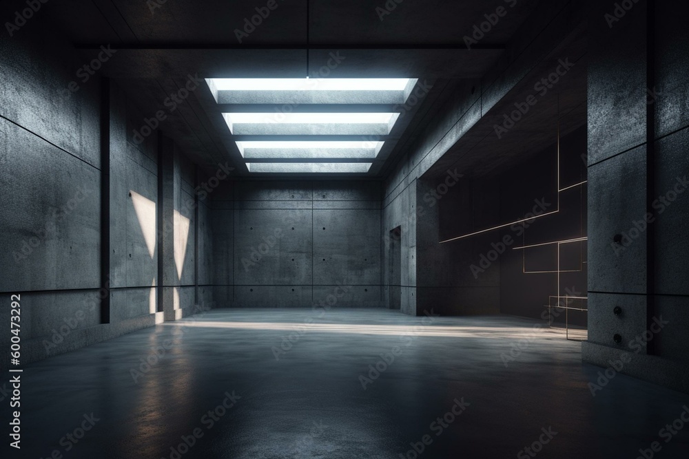 3D rendered interior of empty abstract concrete room with dark ambiance. Generative AI
