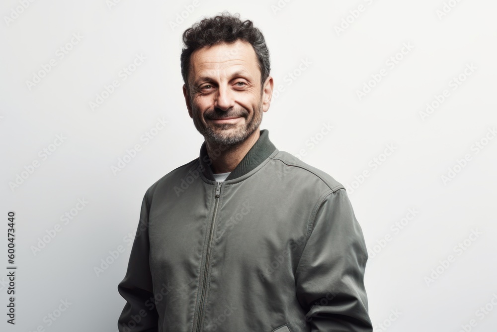 Portrait of a smiling man in a green hoodie on a white background