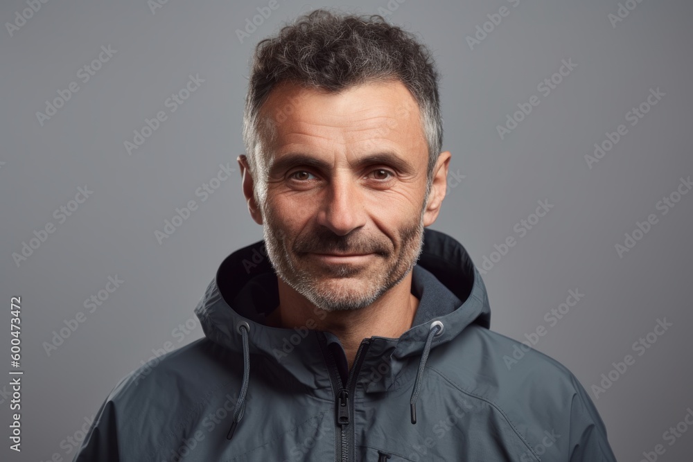 Obraz premium Portrait of a handsome mature man in a jacket on a gray background