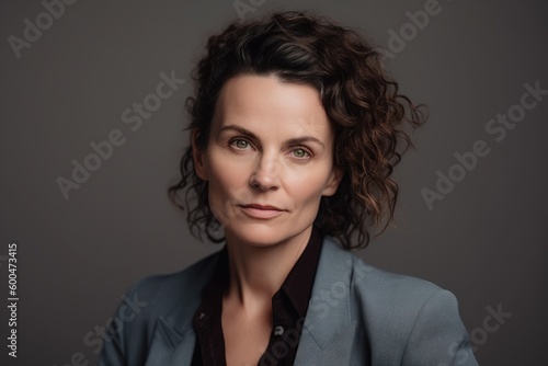 Portrait of a beautiful woman with curly hair in a business suit