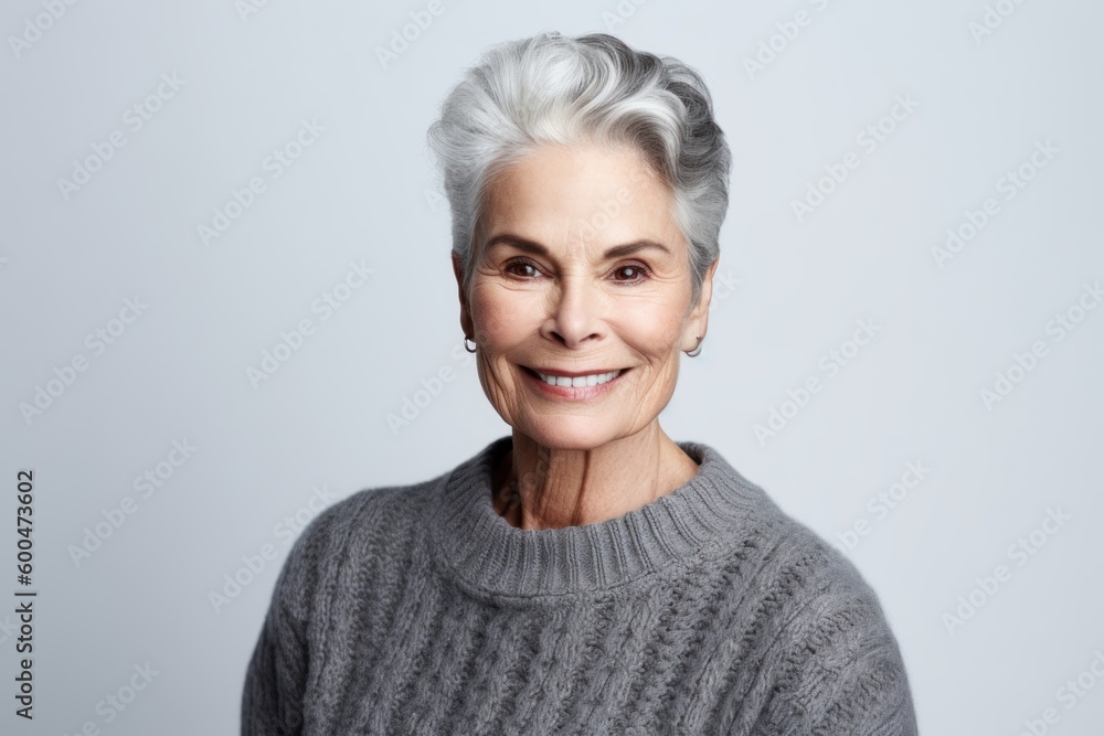 Portrait of a happy senior woman smiling at camera against grey background Portrait of a happy senior woman smiling at camera against grey background