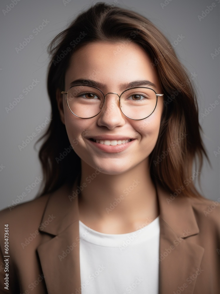 portrait of smiling young woman in eyeglasses isolated on grey portrait of smiling young woman in eyeglasses isolated on grey