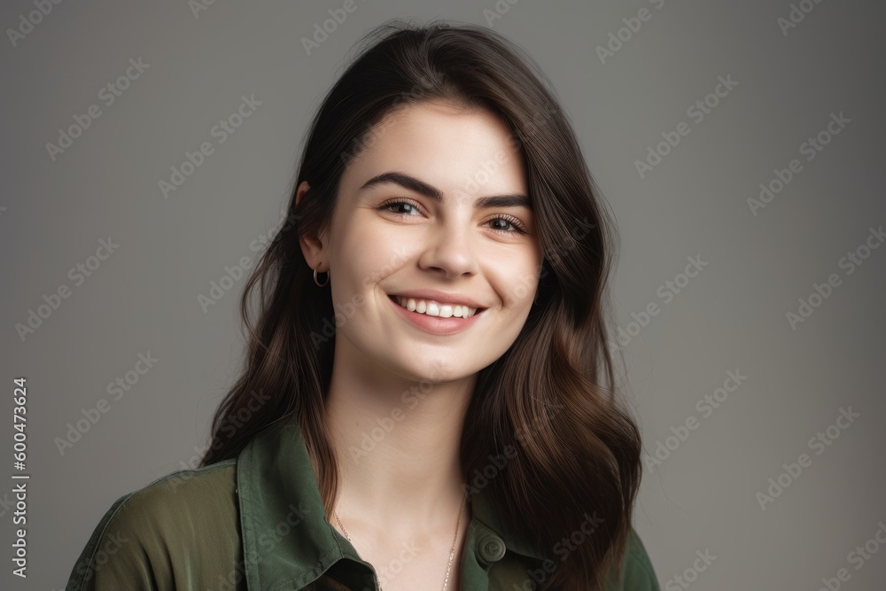 Portrait of a beautiful young brunette woman in a green shirt Portrait of a beautiful young brunette woman in a green shirt