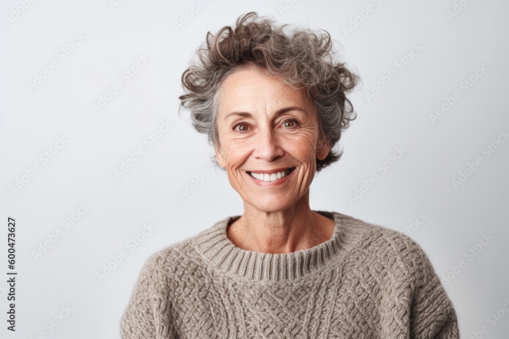 Portrait of a smiling senior woman in sweater looking at camera over white background Portrait of a smiling senior woman in sweater looking at camera over white background