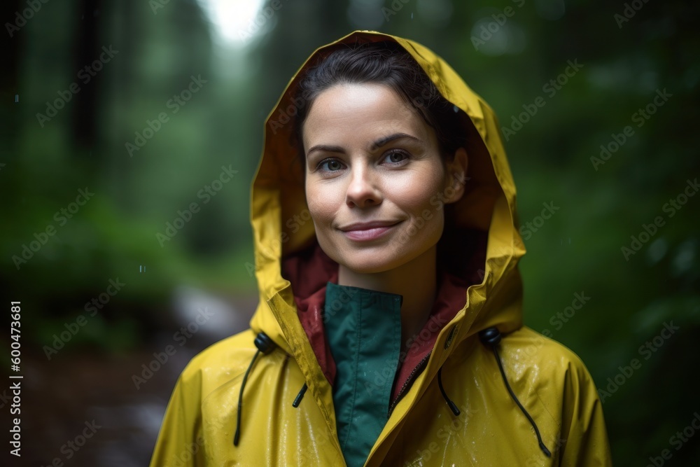 Medium shot portrait photography of a pleased woman in her 30s wearing a vibrant raincoat against a forest background. Generative AI Medium shot portrait photography of a pleased woman in her 30s wearing a vibrant raincoat against a forest background. Generative AI