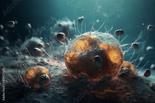 Illustration of cancer cell division with embryonic stem cells in background. Generative AI © Koa