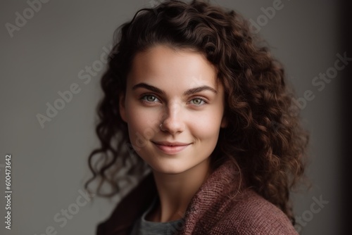 Portrait of a beautiful girl with curly hair on a gray background