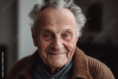 Photography in the style of pensive portraiture of a grinning elderly man in his 90s wearing a cozy sweater against a white background. Generative AI © Robert MEYNER