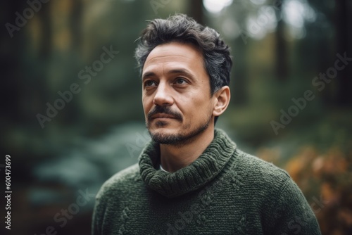 Portrait of a handsome man in a green sweater in the autumn forest