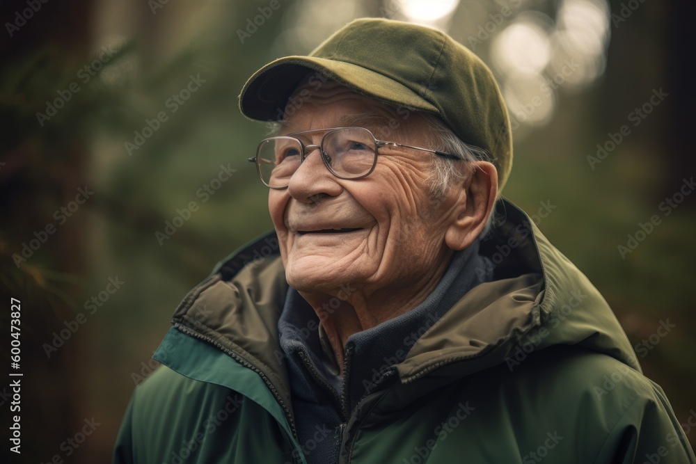 Portrait of an elderly man with glasses and a cap in the forest