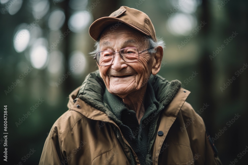 Portrait of an elderly man in the forest. Selective focus.
