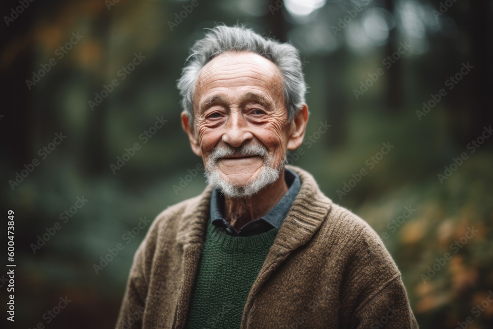 Portrait of a senior man in the autumn forest. Old man in the autumn forest.