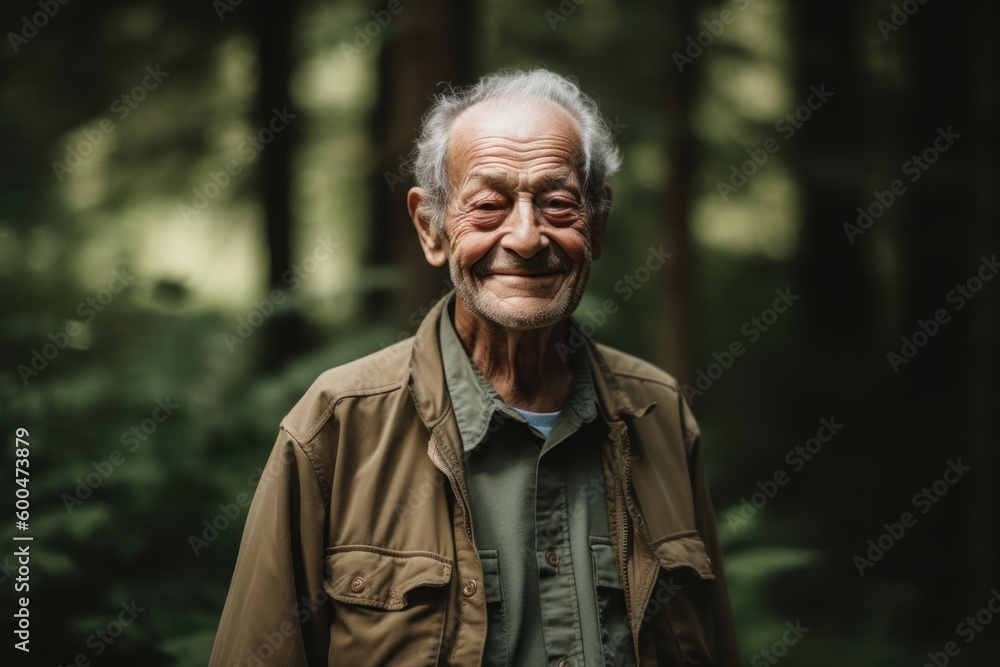 Elderly man standing in the forest and smiling at the camera Elderly man standing in the forest and smiling at the camera