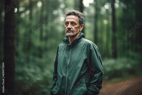 Portrait of a senior man in a green jacket standing on a forest road.