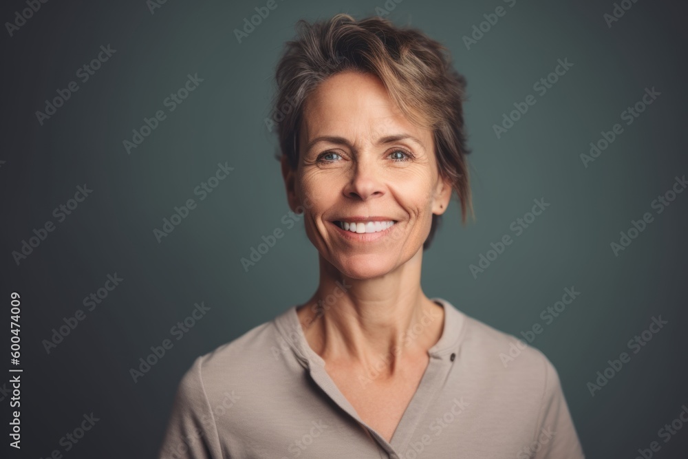 Portrait of a smiling middle aged woman looking at the camera on grey background Portrait of a smiling middle aged woman looking at the camera on grey background