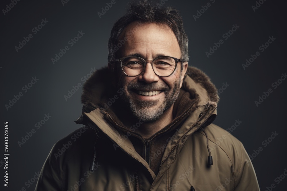 Handsome middle aged man in warm jacket and glasses smiling at camera on grey background Handsome middle aged man in warm jacket and glasses smiling at camera on grey background