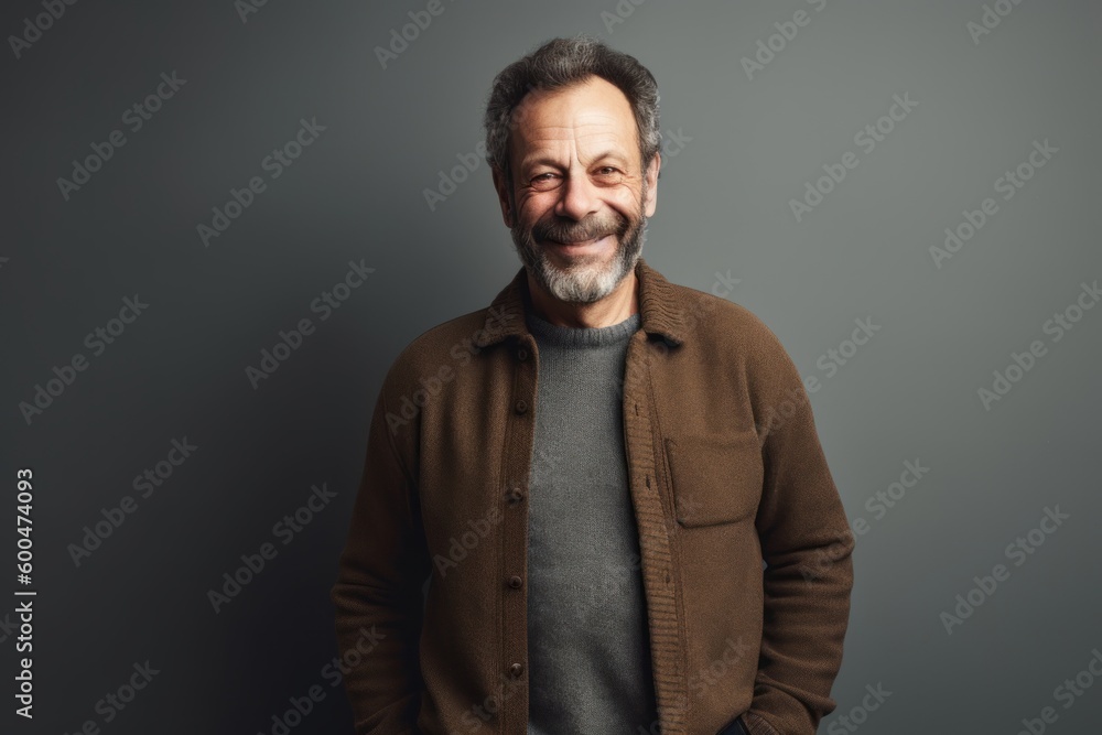 Portrait of mature man with grey hair and beard in brown jacket. Portrait of mature man with grey hair and beard in brown jacket.