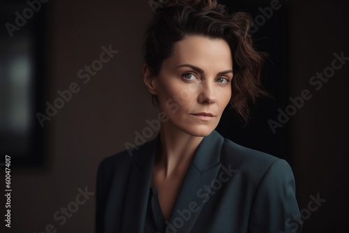 Portrait of a beautiful young woman in a suit looking at camera
