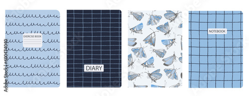 Set of cover page templates based on patterns with butterflies, moths, plaid, abstract circles for notebooks, notepads, diaries, planner. Headers isolated