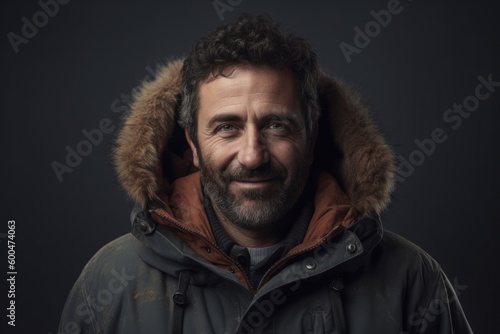 Portrait of a man with a beard wearing a warm jacket on a dark background