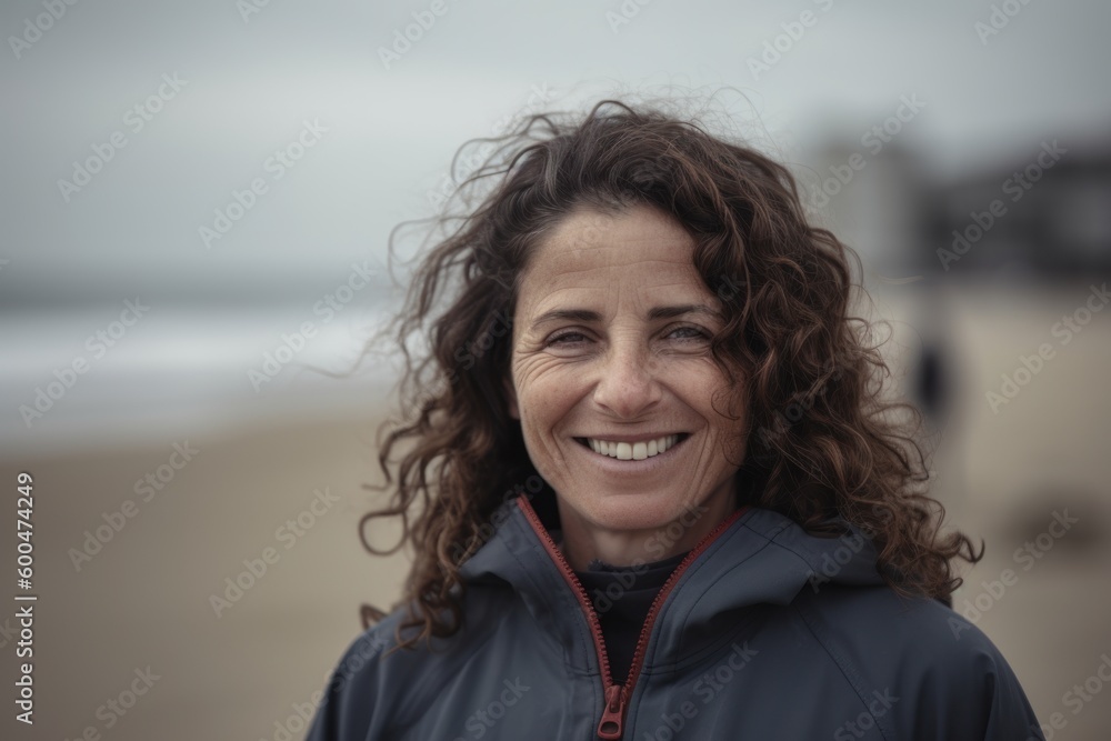 Portrait of smiling middle aged woman with curly hair at the beach Portrait of smiling middle aged woman with curly hair at the beach