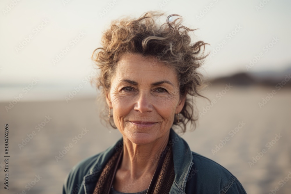 Portrait of smiling mature woman standing on beach at the day time Portrait of smiling mature woman standing on beach at the day time