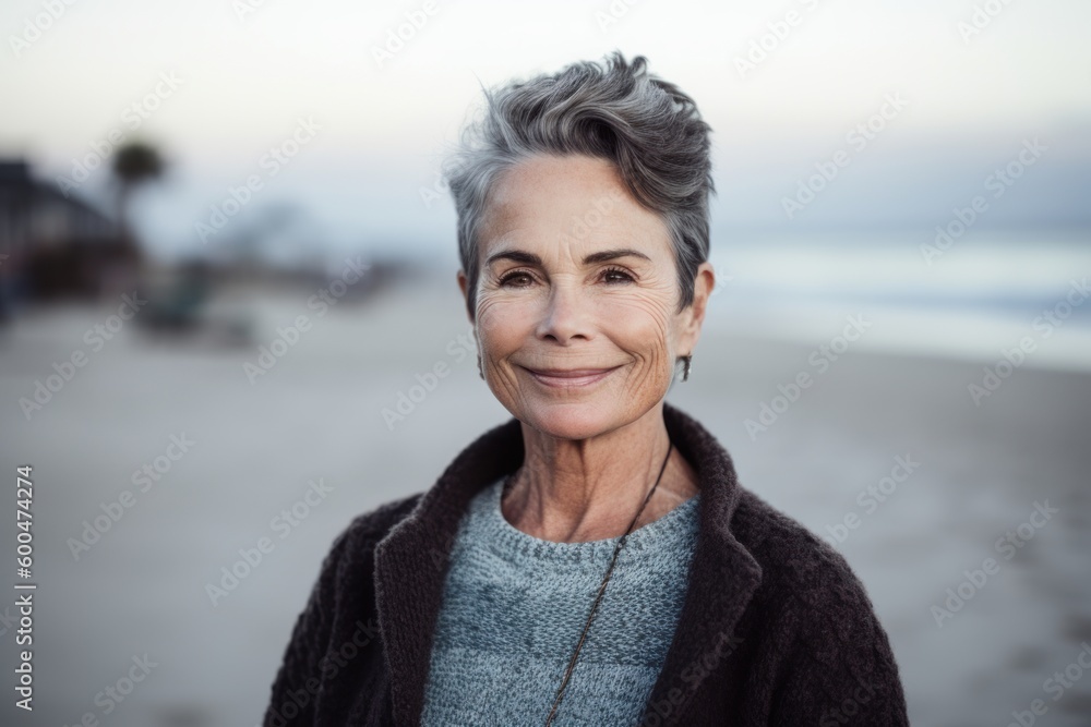 Portrait of smiling senior woman standing on beach at the day time