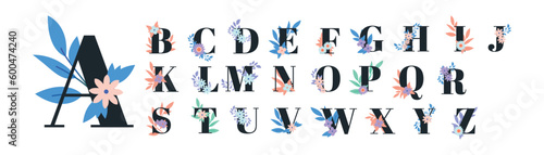 Golden floral alphabet font uppercase letters with flowers leaves gold splatters