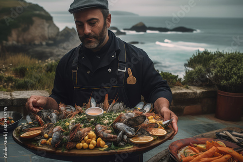 Galician Gastronomic Delight. Experience the artful presentation and exquisite taste of a Spanish chef's seafood platter, showcasing the finest flavors of the ocean. AI Generative